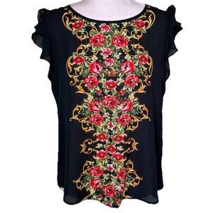 OLM Women’s Black Chiffon Romantic Artsy‎ Office Going Out Ruffle Sleeve Top Lg